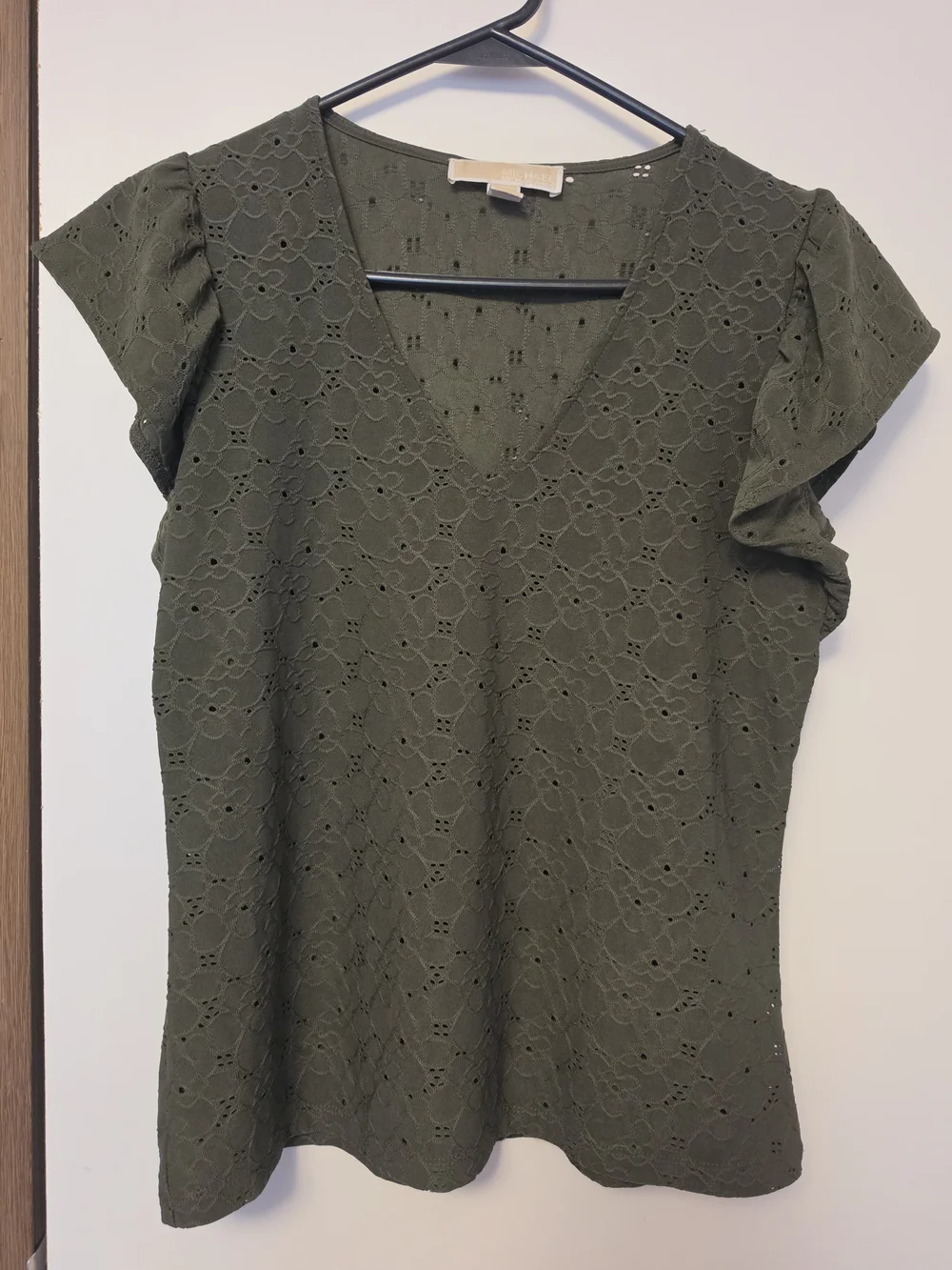 Michael Kors Olive Eyelet V-Neck Flutter Sleeve Blouse